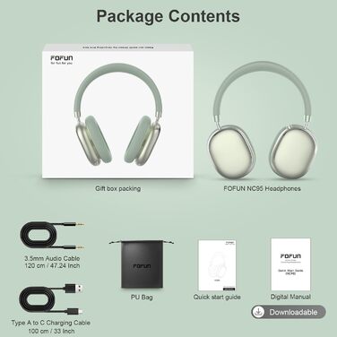 Навушники бездротові Bluetooth 6.0 NC95 з шумозаглушенням, поворотним регулятором, 120+ годин роботи, EQ налаштування через додаток, зелені для подорожей та спорту