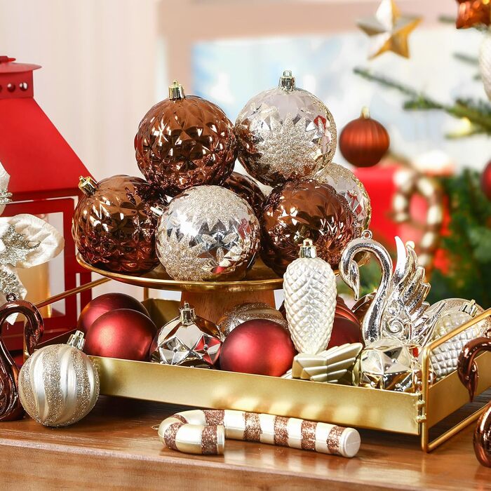 Набір прикрас для ялинки Alupssuc 128 шт. - ялинкові кулі, квіти, орнаменти, червоно-золотий (шампань, коричневий)