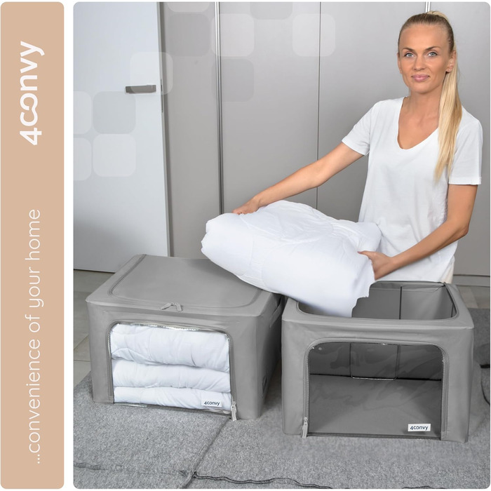 Sturdy Foldable Clothes Storage Box with Zipper, Metal Frame - [2024 IMPROVED MATERIAL] Duvet Storage Bag - Stable Storage Box for Clothes - (Dark Gray, 3x66L)