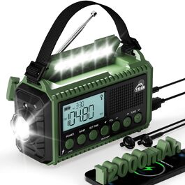 Радіо Kurbelradio 12000 mAh: Сонячне, ручне, аварійне радіо з ліхтарем, USB зарядкою, SOS сигналом. Радіоприймач AM/FM/SW для кемпінгу, надзвичайних ситуацій, зелений колір