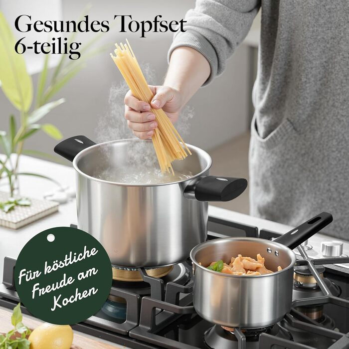 Набір каструль 6-ти частинний з нержавіючої сталі для індукційних плит, Cookware Set, без антипригарного покриття, сумісний з усіма типами плит, з кришкою та захистом від опіків, придатний для миття в посудомийній машині