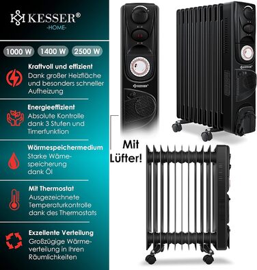 Електричний масляний радіатор KESSER® 2500W з вентилятором, 11 ребер, таймер, термостат, захист від перегріву, білий/чорний