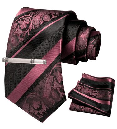 Набір краваток чоловічих JEMYGINS з поєднанням троянд та смужок (рожевий) з краватковою кліпсою та кишеньковим хустинкою