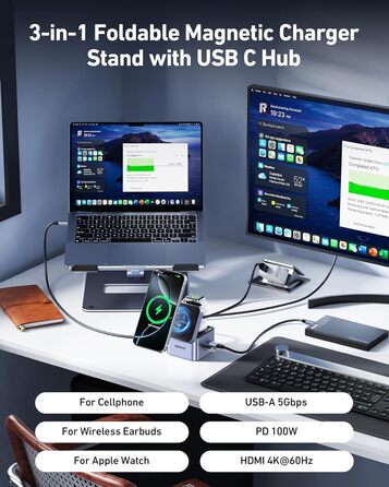 BENFEI 3-в-1 Станція зарядки MagSafe з USB-C хабом – для iPhone 16/15/14/13/12, Apple Watch та AirPods. HDMI (4K@60Hz), 100W PD, 2x USB 3.0 (5Gbps)