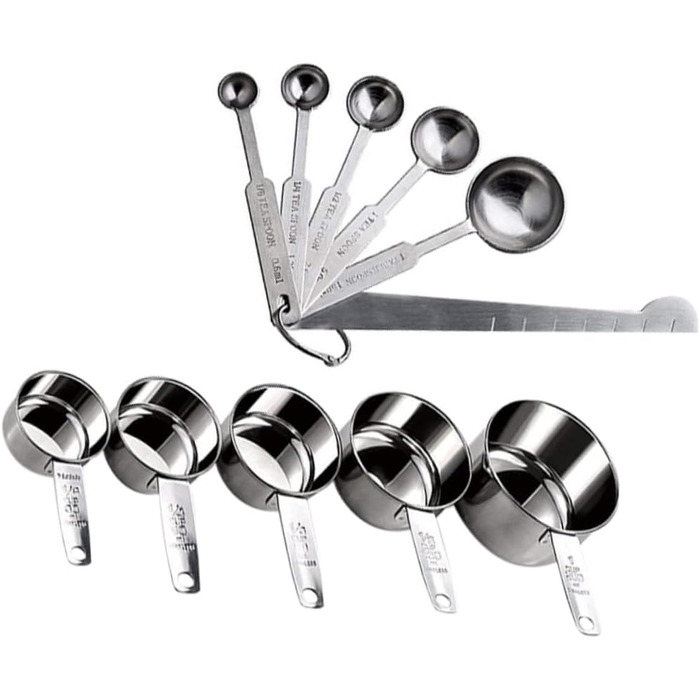 2 Measuring spoons, baking, kitchen machine, cookware, kitchenware, cookrings, saucer, kitchen scales, measuring cup, measuring spoons (scaled, graduated), stainless steel, silver.