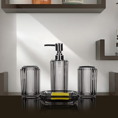 Набір аксесуарів для ванної кімнати з акрилу преміум-класу (4 шт.): дозатор для дезінфектора, диспенсер для лосьйону, мильниця, стакан для ополіскувача, стакан для зубної пасти (щіткова чорна/сіра)