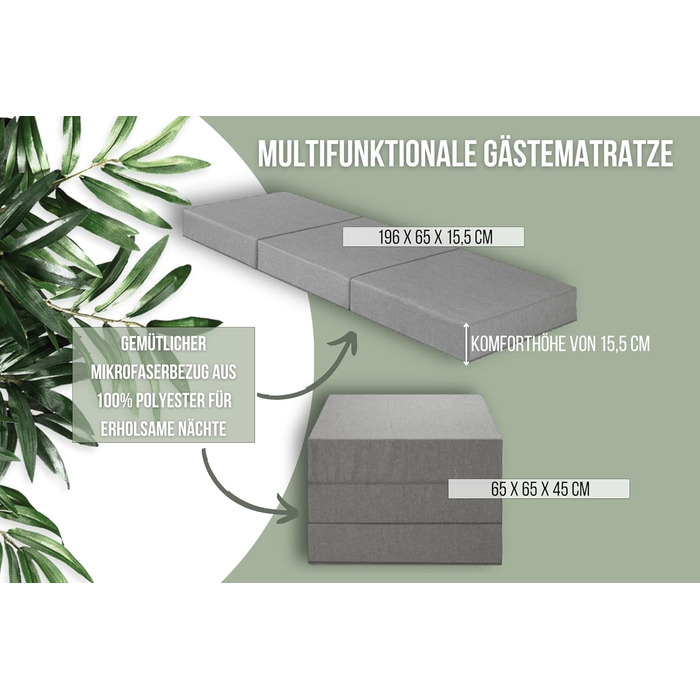 Складаний гостьовий матрац Badenia Trendline XXL, поліестер, 196x65x15,5 см, плюш, висота 15 см, сірий, з чохлом, сертифікат OEKO-TEX, німецька якість