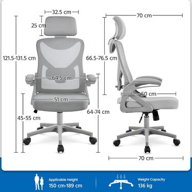 Офісний крісло Yaheetech ергономічне, з підйомними підлокітниками, поворотне з підголівником, для керівника, з функцією гойдання, до 136 кг, сірий