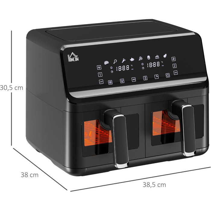 Фритюрниця HOMCOM з двома зонами, 8 л, 2500 Вт, 8 програм, антипригарне покриття, чорна