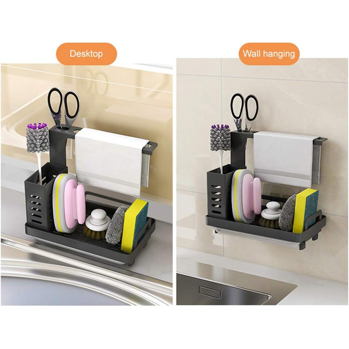 Shunfaji Sink Organizer Sink Caddy Organizer Stainless Steel Utensil Basket for Kitchen & Bathroom with Drain Pan, Adhesive Countertop Dual-Use Sponge Brush Soap Dish Holder