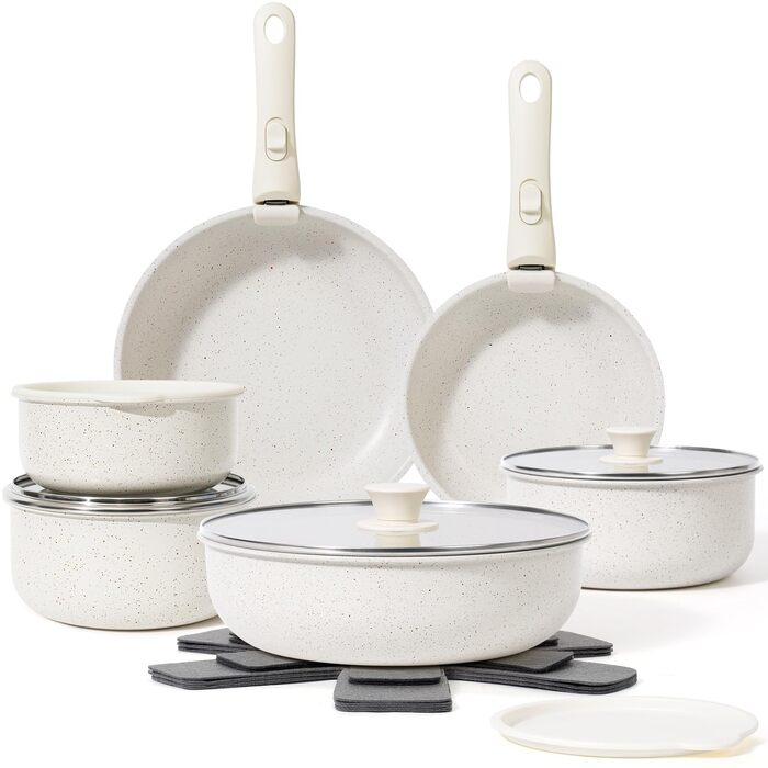 Набір посуду SODAY 17 предметів: каструлі та сковорідки з антипригарним покриттям, знімні ручки, для індукційних плит, сумісний з духовкою, сталевий колір