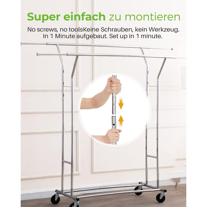 HOKEEPER Heavy-Duty Clothes Rack, Commercial Grade, Up to 181 kg (400 lbs) Load Capacity, Extendable Clothes Rod on Wheels, Durable Double Rails for Hanging Clothes, Silver