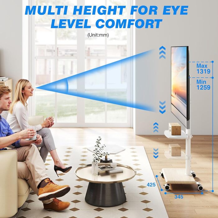 Мобільна тумба під телевізор з поличкою, поворотна, регульована по висоті, 27-60 дюймів, до 40 кг, VESA 400x400 мм (Бежевий)