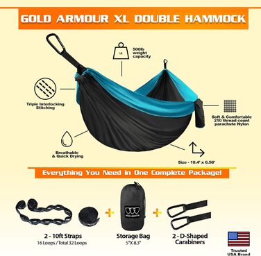 Гамак подвійний Gold Armour XL для кемпінгу та відпочинку на природі з ременями, США