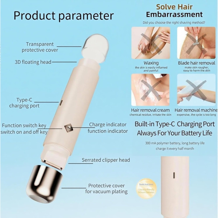 Електричний жіночий тример для тіла 2-в-1, IPX8, для бікіні-зони, обличчя та тіла, водонепроникний, для чутливої шкіри (білий)