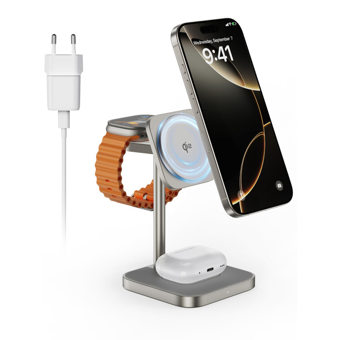 LULULOOK Qi2 Magsafe Зарядна станція 3 в 1 з алюмінію для Apple Watch та iPhone: 15W швидка зарядка для iPhone 17 Pro Max/Pro/Air/17, 5W для Apple Watch Ultra, AirPods. Титан.