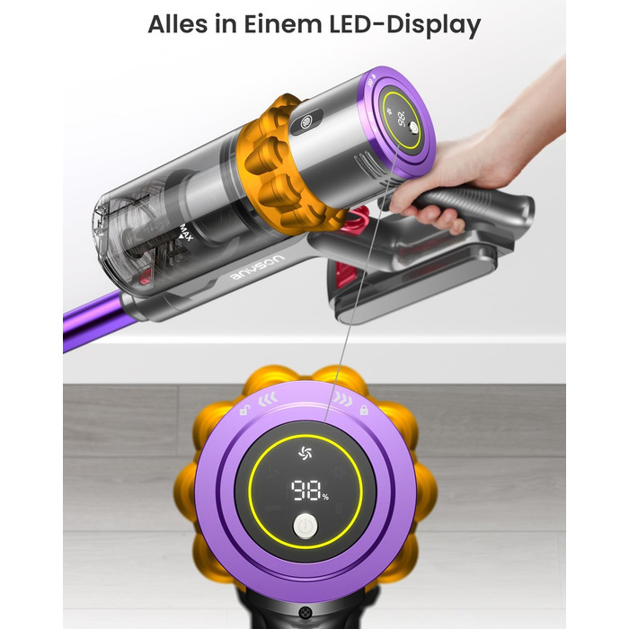 Anyson 45000Pa/550W/70Min Cordless Vacuum Cleaner, 1.6L Battery Vacuum Super Quiet, Self-Charging Cordless Vacuum with LED Display/Anti-Tangle Brush, Stick Vacuum for Hard Floors, Carpets, and Pet Hair