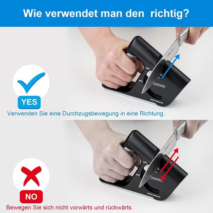 Точилка для ножів Adoric з 3 ступенів, вольфрамовий сталь, діамант, кераміка. Чорний колір