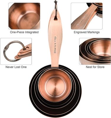 Copper-Plated Measuring Cup and Spoon Set, 5 Stainless Steel Measuring Cups and 5 Metal Measuring Spoon Set with Leveler, US and Metric Kitchen Measuring Cup and Spoon Set for Baking and Cooking