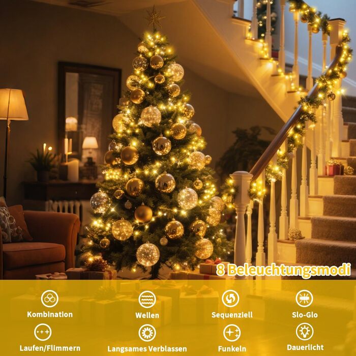 Льо́мка́ з 1200 світлодіо́дів для зовні́шнього використання, 36 метрів, для прикрашання ялинки, 8 режимів, таймер, чорний кабель, IP44, вологостійка, для балкона, саду, вечірки, весілля (тепле біле світло)