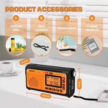 Радіо XHDATA D608WB з ручним генератором та сонячною панеллю, 3000mAh, LED ліхтарик, Bluetooth, FM/MW/SW, SOS-сигнал, для кемпінгу та активного відпочинку
