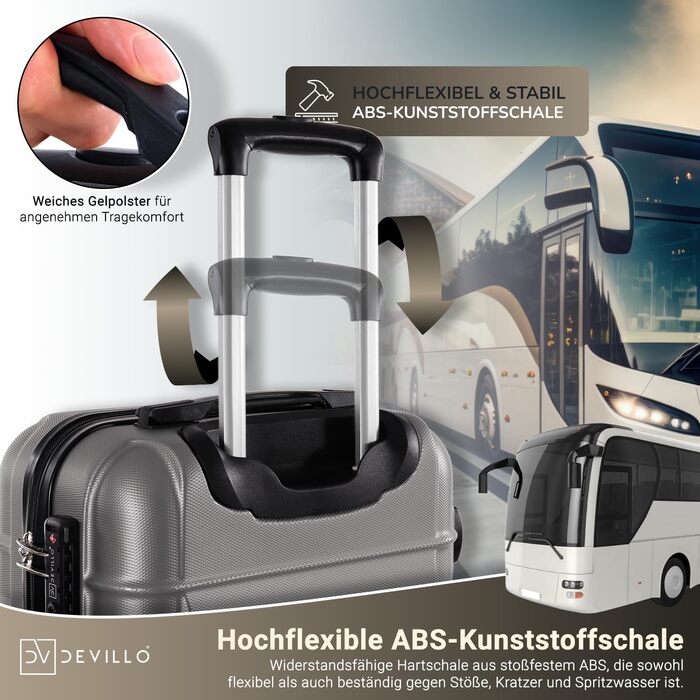 Набір валіз Devillo® Hartschalenkofferset 4шт. S-M-L-XL, чорний - жорсткий кейс, валіза для подорожей, ручна валіза, Rollkoffer з замком, 4 колеса, ABS, телескопічна ручка (Steel Symphony (Silver))