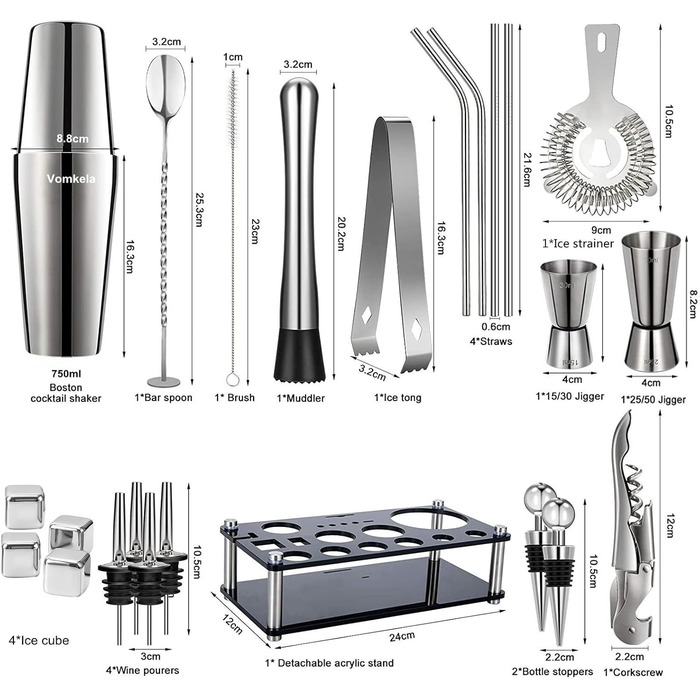 Cocktail Shaker Set, Boston Cocktail Shaker with Stand, 25pcs Bar Accessories Cocktail Mixer Supplies, 750ml Stainless Steel Cocktail Shaker Gifts, Cocktail Decor Bar Counter Pourer Spirits