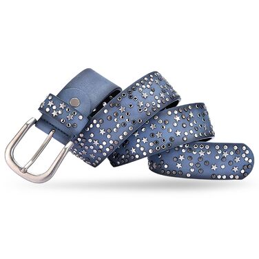 Жіночий шкіряний ремінь 110 см з зірковими застібками, ширина 3.8 см, універсальний для джинсів, суконь, штанів та шортів, регульований, вінтажний, з металевою пряжкою (синій)