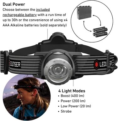 Ліхтар налобний Ledlenser H7 SE LED, 300 люмен, 160 м, фокус, заднє світло, батарейки та USB-кабель