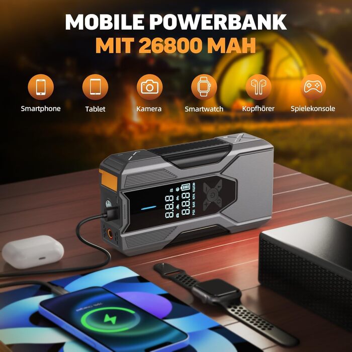 Powerbank для автомобіля 8000A Starthilfe, пусковий пристрій з компресором 150PSI, 26800mAh для бензинових та дизельних двигунів (до 12.0L), зарядний пристрій для акумулятора