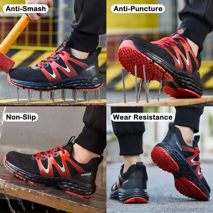 Черевики робочі ISOOUS для чоловіків та жінок, захисні черевики зі сталевим підноском, спортивні, червоні, антиковзаючі, дихаючі, 43 EU