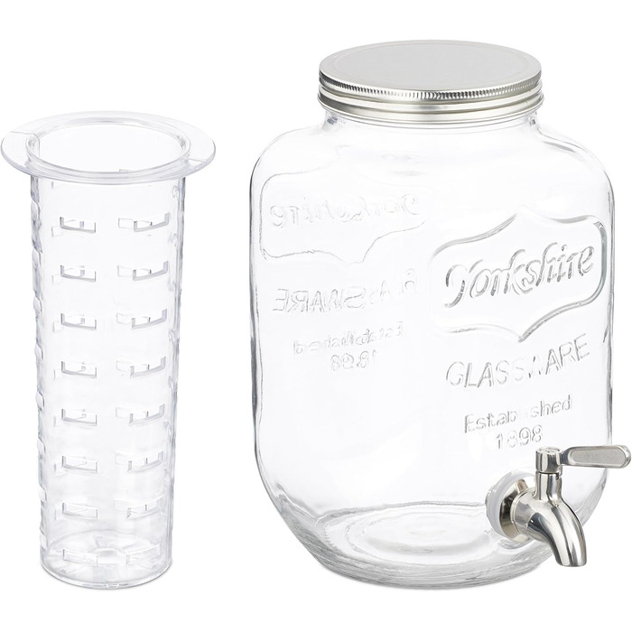 Диспенсер для напоїв Relaxdays з вставкою для фруктів, 4 л, кран та кришка, глечик, скло, метал, прозорий