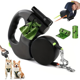 Висувна поводок для собак, 3 метри з LED-підсвіткою, подвійний поводок для 2 собак, обертання на 360°, без перекручування, з пакетами для вигулу, для собак до 50 кг, для тренувань та прогулянок (Чорний)