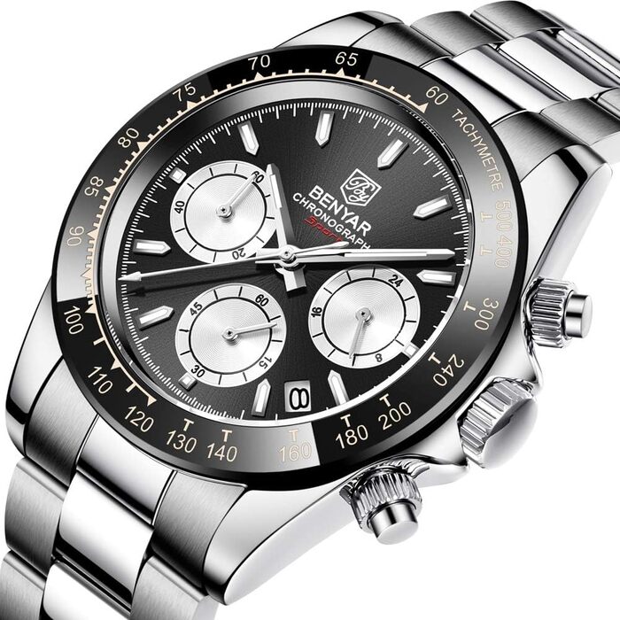 Чоловічий годинник BENYAR з кварцовим механізмом, аналоговий хронограф, бізнес-стиль, водонепроникний, з нержавіючої сталі, для відпочинку та спорту (чорний та білий)