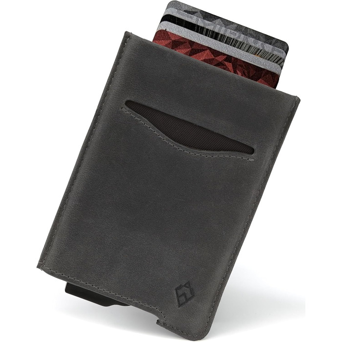 Кластинка для карт з RFID захистом та подарунковою коробкою – Мінімалістичний гаманець для чоловіків – Компактний гаманець з безконтактним захистом карт (Alpha Collection) (12. Шкіряна випуск сірого кольору)