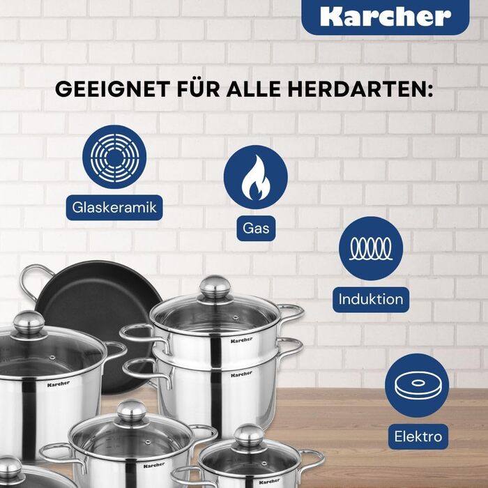 Karcher 14-Piece Stainless Steel Cookware Set with Glass Lids - Induction Compatible