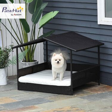 PawHut Лежанка для собак на вулицю з дахом, піднята лежанка для маленьких та середніх собак, прохолодна лежанка для домашніх тварин з металевим каркасом, подушка для вулиці, 69 x 98 x 70 см, кавово-коричневий колір