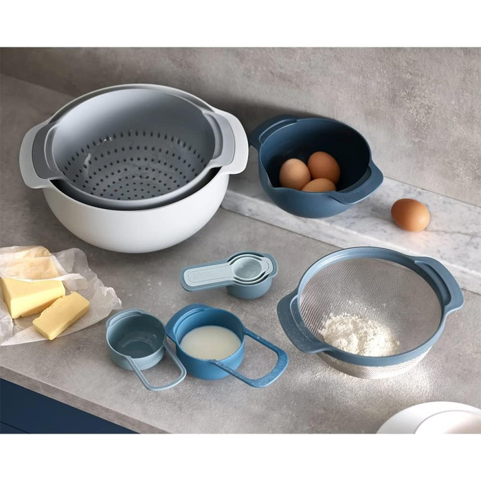 Joseph Joseph Nest 9 Plus 9-Piece Nesting Set with Large and Small Mixing Bowls, Colander, Sieve, 5 Measuring Cups, Sky Blue