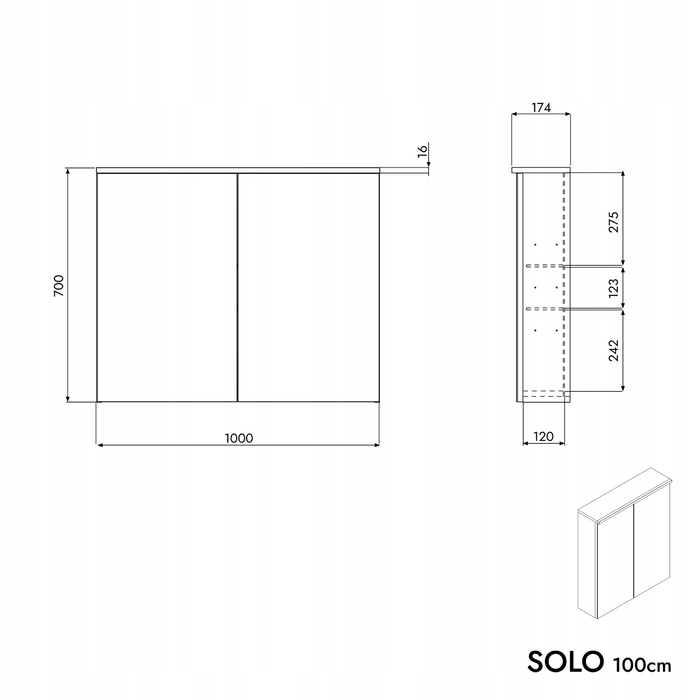 Шафа у ванну кімнату SOLO з LED-підсвіткою та дзеркалом 100 см, антрацит матовий