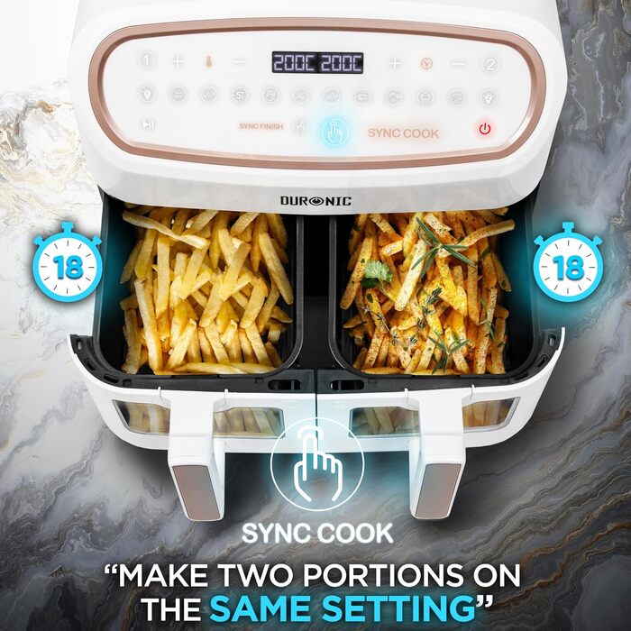 Фритюрниця Duronic AF34 WE XXL з 2 камерами, 10л, без олії, Air Fryer для приготування картоплі фрі, м'яса та іншого, великий об'єм