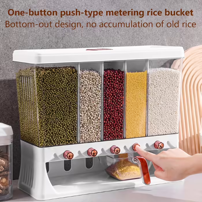 Wall-mounted whole grain dispenser with large capacity, travel bucket, food dispenser, rice storage container, multiple compartments, automatic dispensing for kitchen, rice grains, beans (luxury ivory)