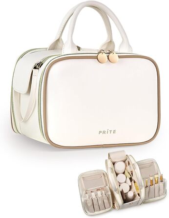 Косметичка для макіяжу великої місткості з кількома відділеннями, водонепроникна, з ручкою, бежева