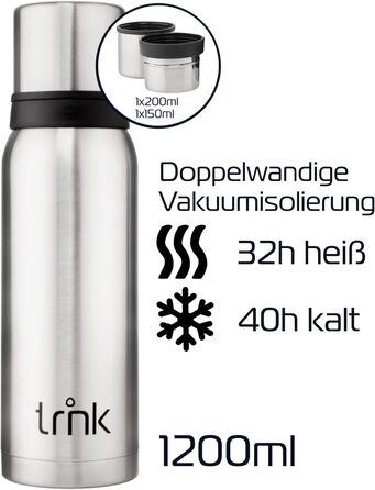 Термос Outdoor Arktis 2 - 1200 мл, нержавіюча сталь, BPA-free, зберігає тепло 32 години, з 2 кришками-чашками, для посудомийної машини, сірий колір