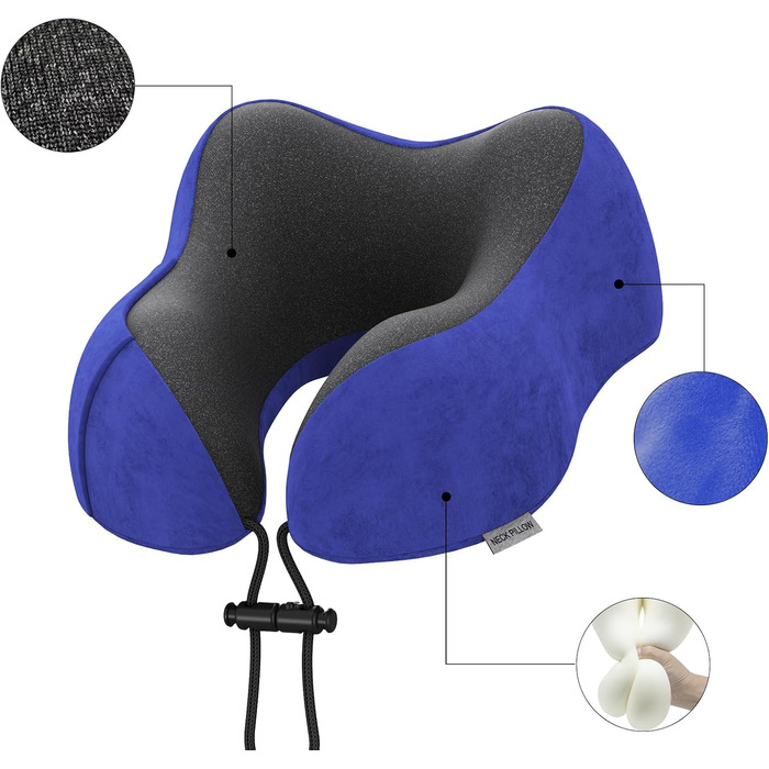 Подушка для шиї у подорожах: автомобільна, для літака, з memory foam, м'який велюровий чохол, для дорослих, для офісу, дому (Темно-синій)