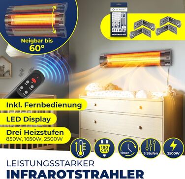 Інфрачервовий обігрівач KESSER® 2500W з пультом керування, 3 режими, миттєвий нагрів, кріплення на стіну, для тераси, кварцовий, з захисним чохлом, таймер, антрацит