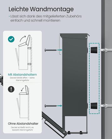 Поштовий ящик SONGMICS XXL з газетницею, антрацит, 37x37x10.5 см, з ключем, захист від реклами, сучасний, для дому та саду