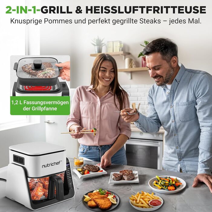 Фритюрниця NutriChef з подвійною камерою, 8л, Airfryer, з вікном, 360°C, 9 програм, антипригарне покриття, миється в посудомийній машині, для смаження, гриля та випікання, 1700W