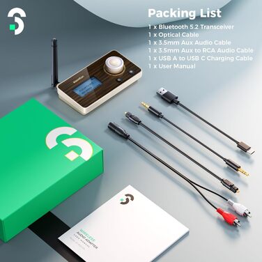 SOOMFON Bluetooth 5.2 Передавач/Приймач: Адаптер 3-в-1 для TV, Аудіосистеми, Навушників, Підтримка aptX LL & HD, Регулювання гучності, Dual Connection, Aux/Оптичний/RCA