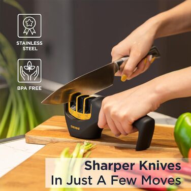 Deiss PRO 3-ступеневий точило для ножів кухонних та кишенькових - професійний точило для ножів шеф-кухаря, мисливських та керамічних - безпечне відновлення та полірування гострих лез (ORANGE)