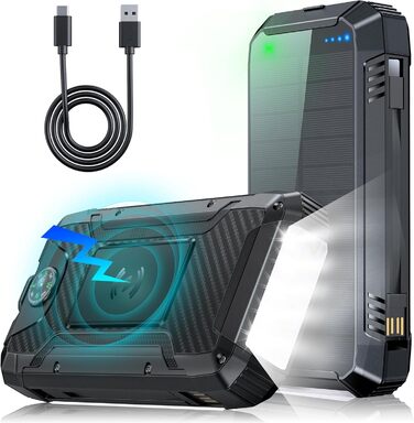 Портативний зарядний акумулятор Solar Powerbank 49800mAh з сонячною панеллю, PD 30W, USB-C, бездротова зарядка 15W, LED-індикатор, ліхтарик, 4 виходи, 2 входи, чорний